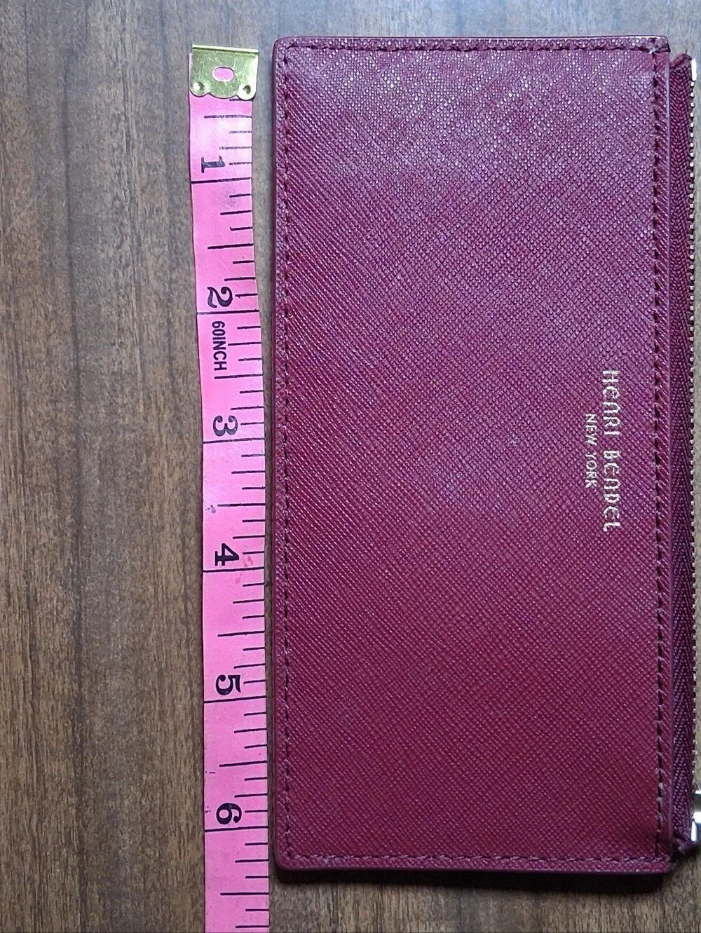 Henri Bendel New York Burgundy Saffiano Leather Zippered Card Case & ID Wallet